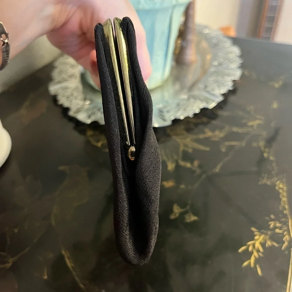 Vintage 70s Dainty Black Silk Clutch with Gold Hardware Classic 10